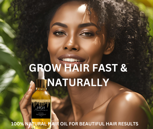 Woman holding High Maintenance Hair Growth oil for shiny,moisturized, and frizzfree hair