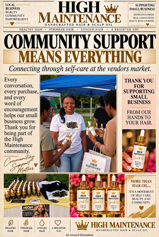 AI-created illustration of High Maintenance founder at a vendors market booth with Growth Oil products and shoppers.