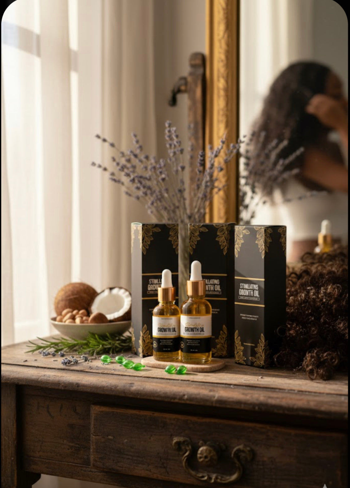 High Maintenance Stimulating Growth Oil bottles with gold droppers on wooden surface in a home environment. natural hair growth oil that promotes thicker longer hair and locks in moisture 