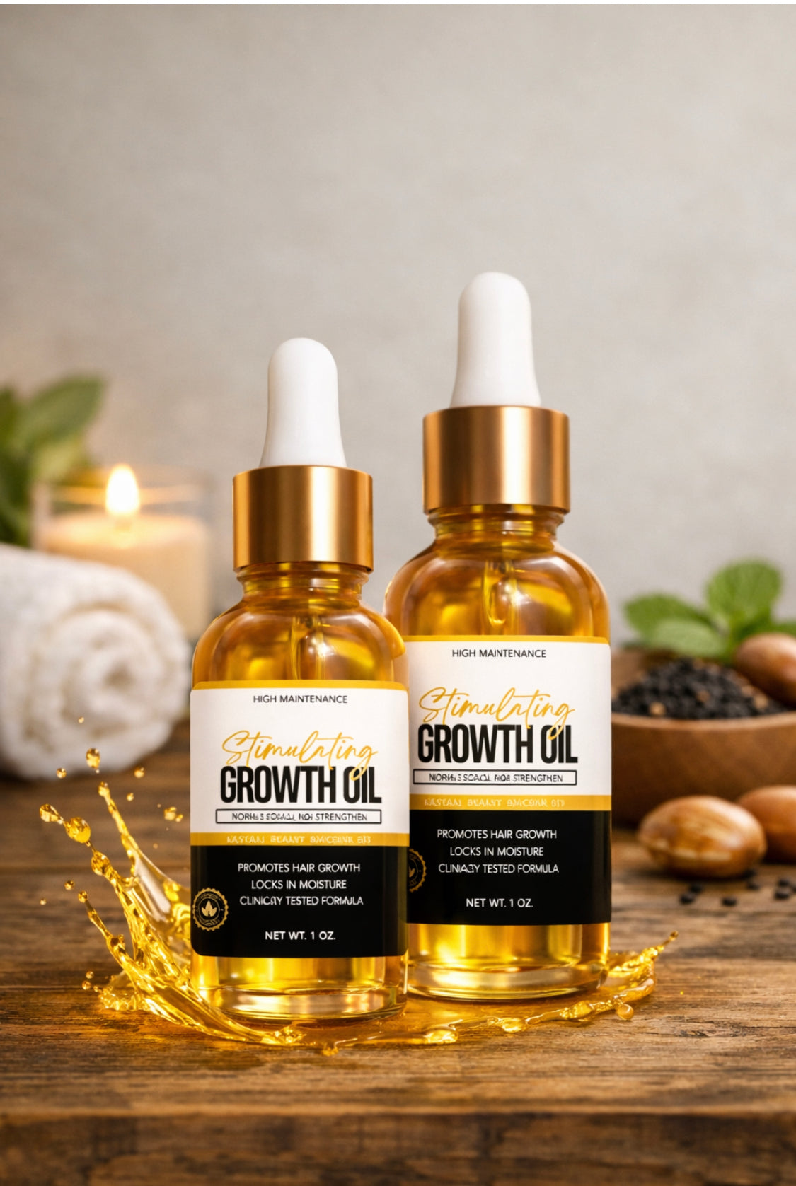 High Maintenance Stimulating Growth Oil bottles with gold droppers on wooden surface, natural hair growth oil that promotes thicker longer hair and locks in moisture